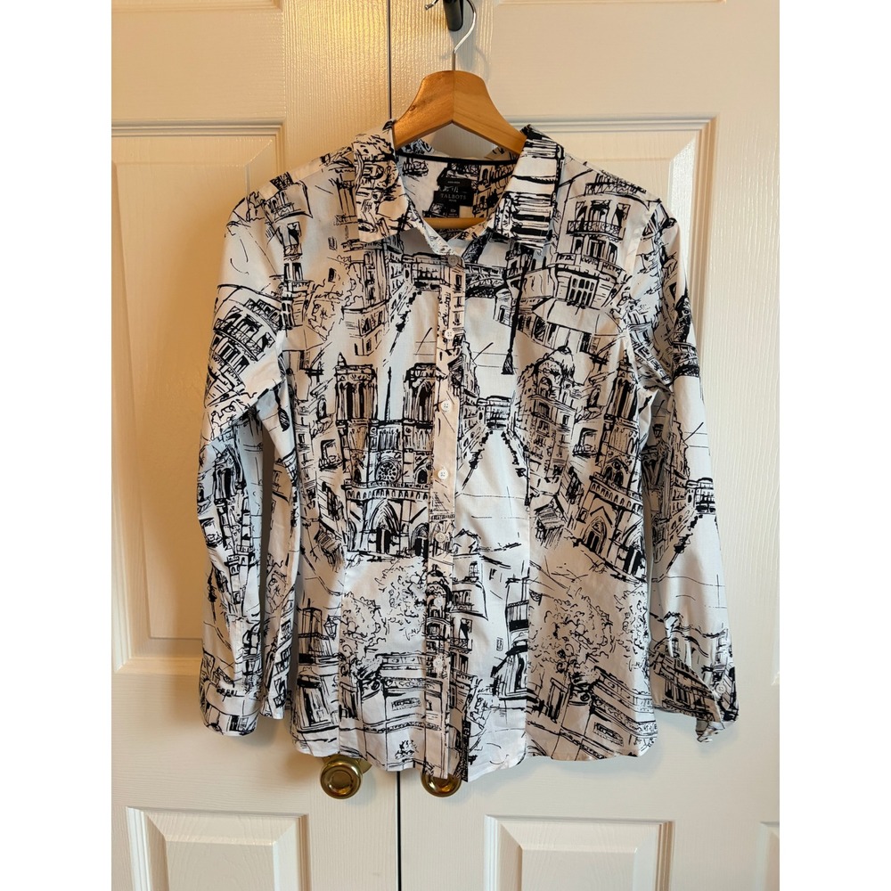 Talbots Non-Iron Paris Toile Print Button Down Shirt White Black Petite 10P